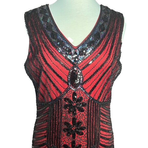 Vintage-Inspired Red & Black Beaded Flapper Dress Fringe Size XL 1920s Gatsby - Picture 3 of 16